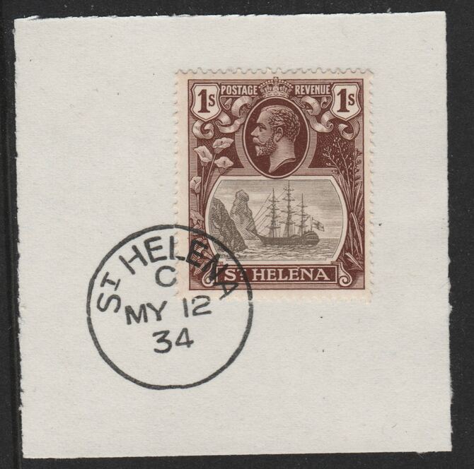 St Helena 1922-37 KG5 Badge Issue 1s (SG106) on piece with full strike of Madame Joseph forged postmark type 340, stamps on kg5 , stamps on ships, stamps on 