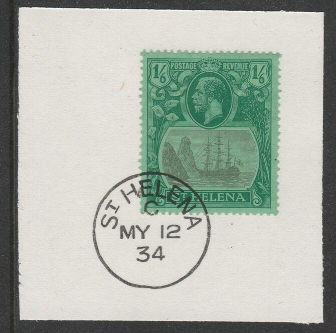 St Helena 1922-37 KG5 Badge Issue 1s6d Script (SG107) on piece with full strike of Madame Joseph forged postmark type 340, stamps on kg5 , stamps on ships, stamps on 