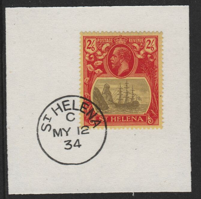 St Helena 1922-37 KG5 Badge Issue 2s6d Script (SG109) on piece with full strike of Madame Joseph forged postmark type 340, stamps on kg5 , stamps on ships, stamps on 