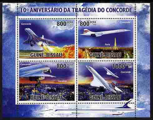 Guinea - Bissau 2010 Tenth Anniversary of Concorde Disaster perf sheetlet containing 4 values unmounted mint , stamps on aviation, stamps on concorde, stamps on disasters, stamps on eiffel tower, stamps on fire