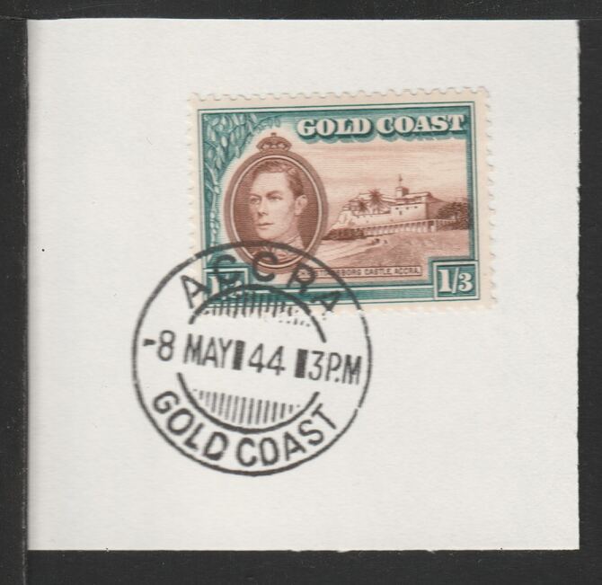 Gold Coast 1938-43 KG6 Christiansborg Castle 1s3d (SG129) on piece with full strike of Madame Joseph forged postmark type 198, stamps on , stamps on  stamps on castles