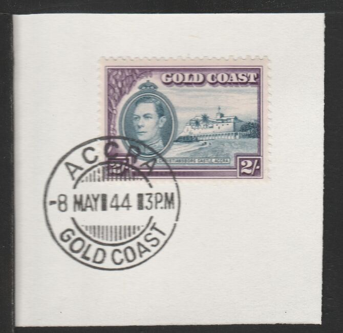 Gold Coast 1938-43 KG6 Christiansborg Castle 2s (SG130) on piece with full strike of Madame Joseph forged postmark type 198, stamps on , stamps on  stamps on castles