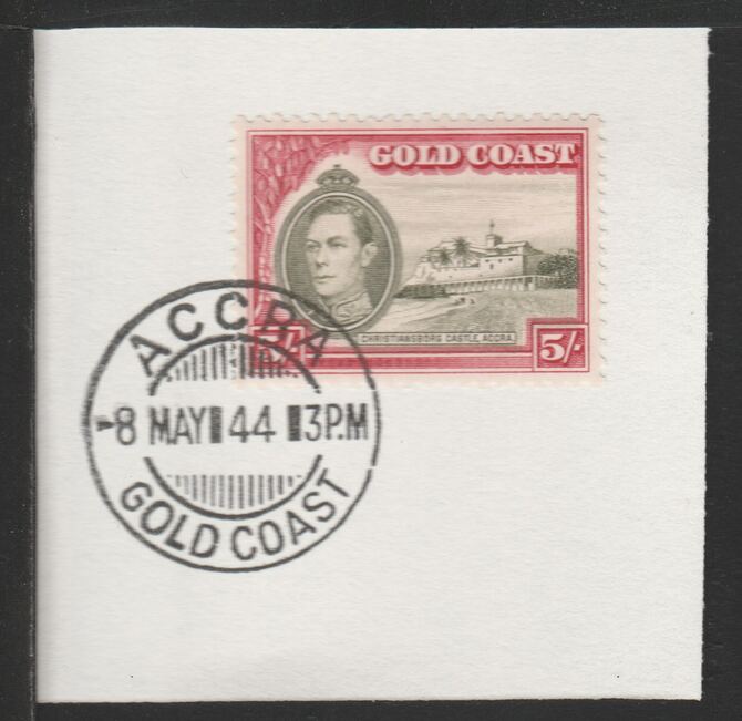 Gold Coast 1938-43 KG6 Christiansborg Castle 5s (SG131) on piece with full strike of Madame Joseph forged postmark type 198, stamps on , stamps on  stamps on castles