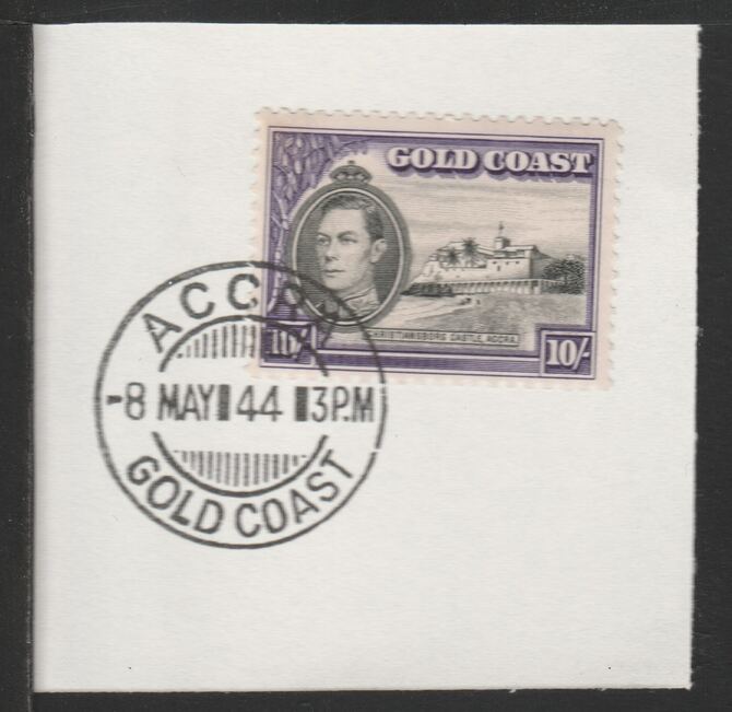 Gold Coast 1938-43 KG6 Christiansborg Castle 10s (SG132) on piece with full strike of Madame Joseph forged postmark type 198, stamps on , stamps on  stamps on castles