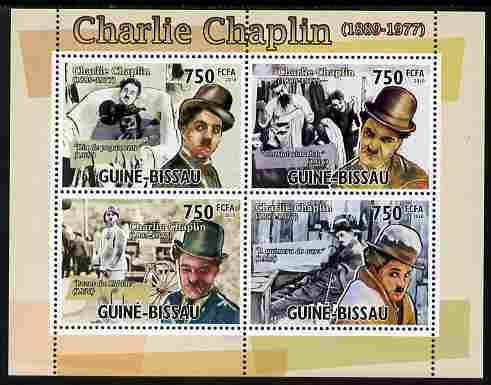 Guinea - Bissau 2010 Charlie Chaplin perf sheetlet containing 4 values unmounted mint , stamps on personalities, stamps on chaplin, stamps on comedy