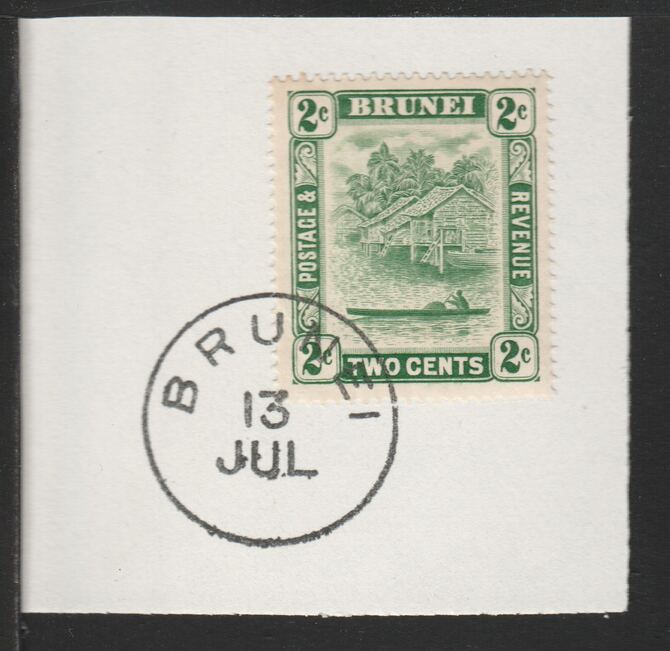 Brunei 1924 River Scene 2c green (SG62) on piece with full strike of Madame Joseph forged postmark type 104