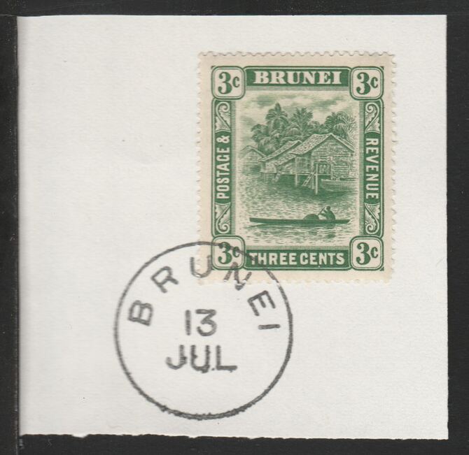 Brunei 1924 River Scene 3c green (SG63) on piece with full strike of Madame Joseph forged postmark type 104, stamps on , stamps on  stamps on rivers