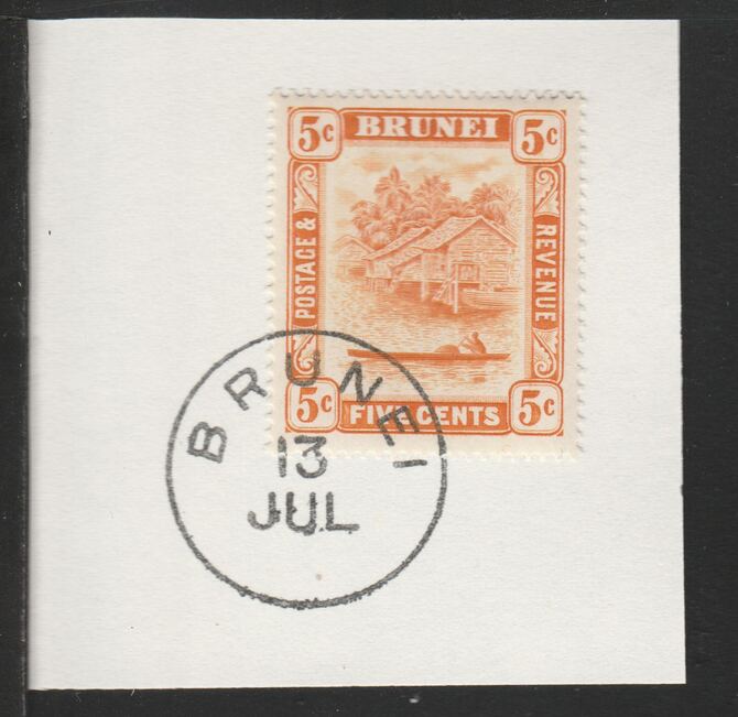 Brunei 1924 River Scene 5c orange-yellow (SG66) on piece with full strike of Madame Joseph forged postmark type 104, stamps on , stamps on  stamps on rivers