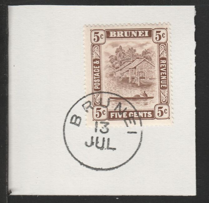 Brunei 1924 River Scene 5c chocolate (SG68) on piece with full strike of Madame Joseph forged postmark type 104, stamps on rivers