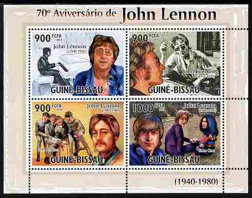 Guinea - Bissau 2010  70th Birth Anniversary of John Lennon perf sheetlet containing 4 values unmounted mint , stamps on , stamps on  stamps on personalities, stamps on  stamps on music, stamps on  stamps on beatles, stamps on  stamps on pops, stamps on  stamps on rock