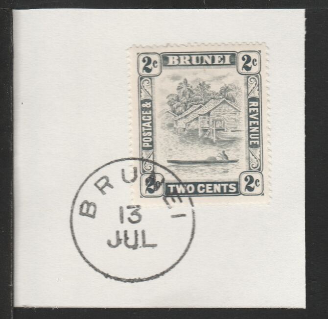 Brunei 1947 River Scene 2c grey (SG80) on piece with full strike of Madame Joseph forged postmark type 104, stamps on rivers