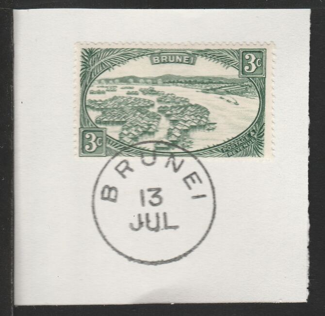 Brunei 1947 Water Village 3c green (SG81) on piece with full strike of Madame Joseph forged postmark type 104, stamps on rivers