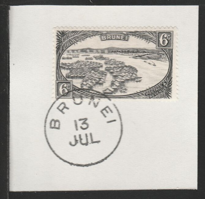 Brunei 1947 Water Village 6c black (SG83) on piece with full strike of Madame Joseph forged postmark type 104, stamps on , stamps on  stamps on rivers