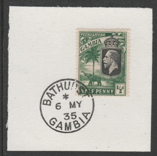 Gambia 1922-29 KG5 Elephant & Palms 1/2d (SG122/3) on piece with full strike of Madame Joseph forged postmark type 172, stamps on elephants, stamps on  kg5 , stamps on trees