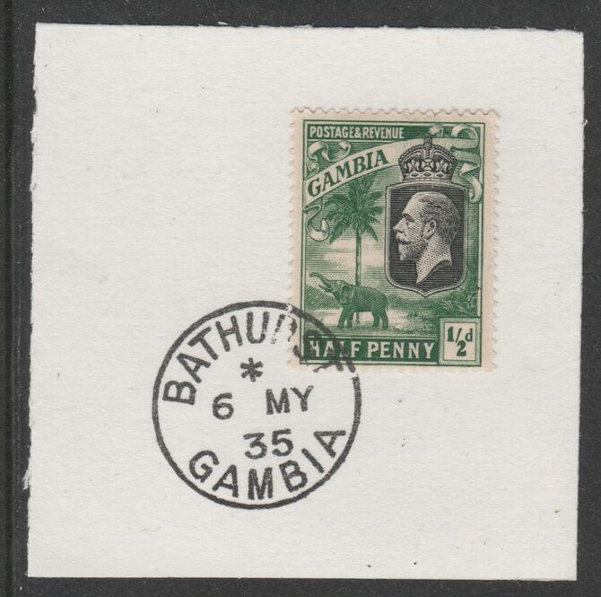 Gambia 1922-29 KG5 Elephant & Palms 1/2d (SG122/3) on piece with full strike of Madame Joseph forged postmark type 172, stamps on , stamps on  stamps on elephants, stamps on  stamps on  kg5 , stamps on  stamps on trees