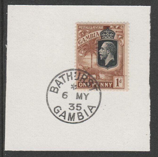 Gambia 1922-29 KG5 Elephant & Palms 1d (SG124) on piece with full strike of Madame Joseph forged postmark type 172, stamps on elephants, stamps on  kg5 , stamps on trees