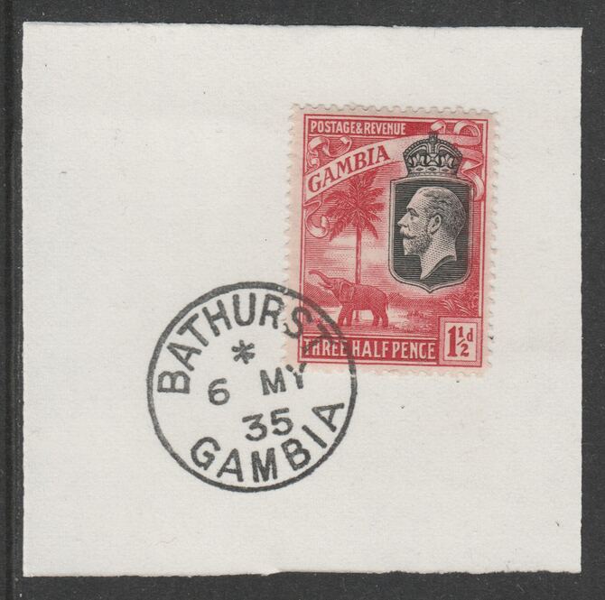 Gambia 1922-29 KG5 Elephant & Palms 1.5d (SG125) on piece with full strike of Madame Joseph forged postmark type 172, stamps on , stamps on  stamps on elephants, stamps on  stamps on  kg5 , stamps on  stamps on trees