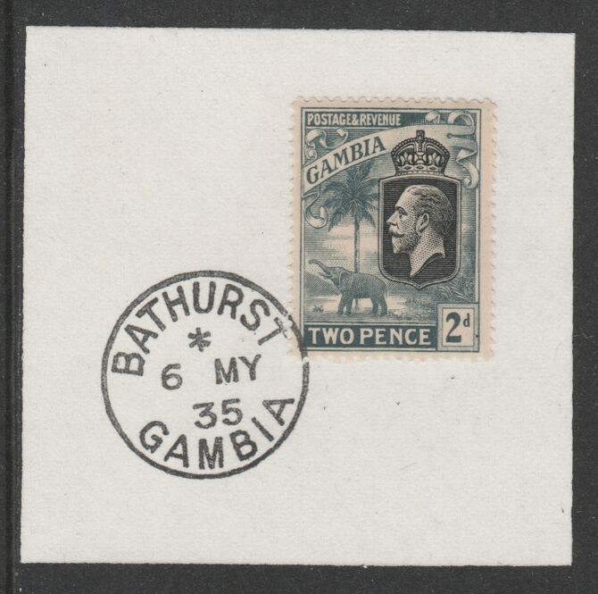 Gambia 1922-29 KG5 Elephant & Palms 2d (SG126) on piece with full strike of Madame Joseph forged postmark type 172, stamps on elephants, stamps on  kg5 , stamps on trees