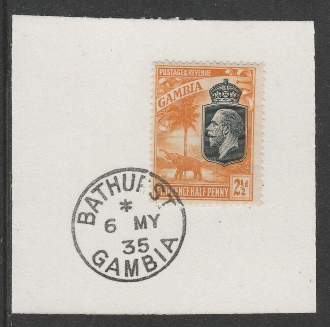 Gambia 1922-29 KG5 Elephant & Palms 2.5d (SG127) on piece with full strike of Madame Joseph forged postmark type 172, stamps on elephants, stamps on  kg5 , stamps on trees
