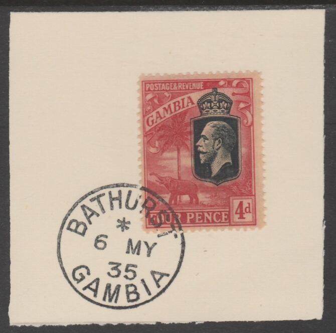 Gambia 1922-29 KG5 Elephant & Palms 4d (SG118) on piece with full strike of Madame Joseph forged postmark type 172                     , stamps on elephants, stamps on  kg5 , stamps on trees