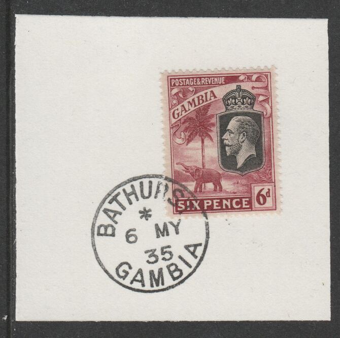 Gambia 1922-29 KG5 Elephant & Palms 6d (SG131) on piece with full strike of Madame Joseph forged postmark type 172, stamps on elephants, stamps on  kg5 , stamps on trees
