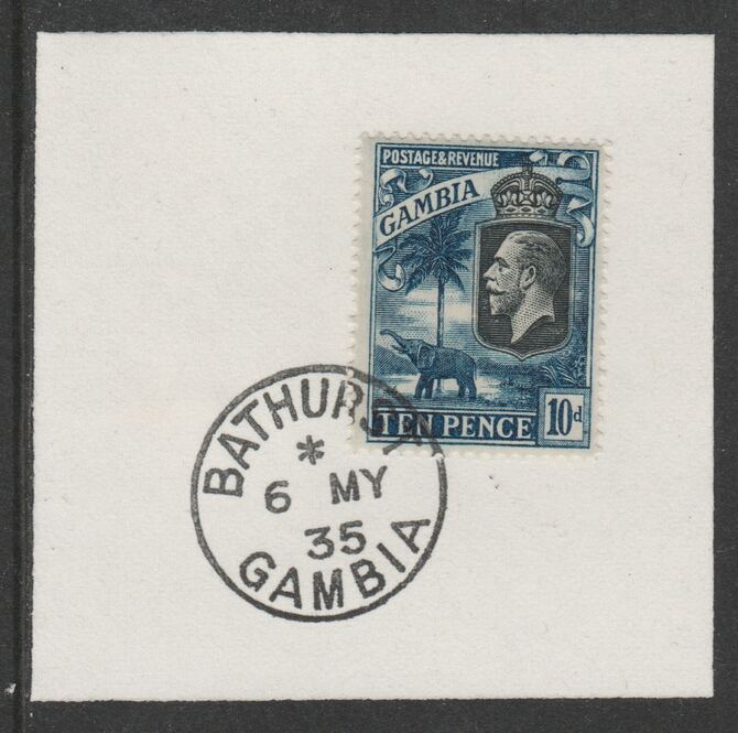 Gambia 1922-29 KG5 Elephant & Palms 10d (SG133) on piece with full strike of Madame Joseph forged postmark type 172, stamps on elephants, stamps on  kg5 , stamps on trees