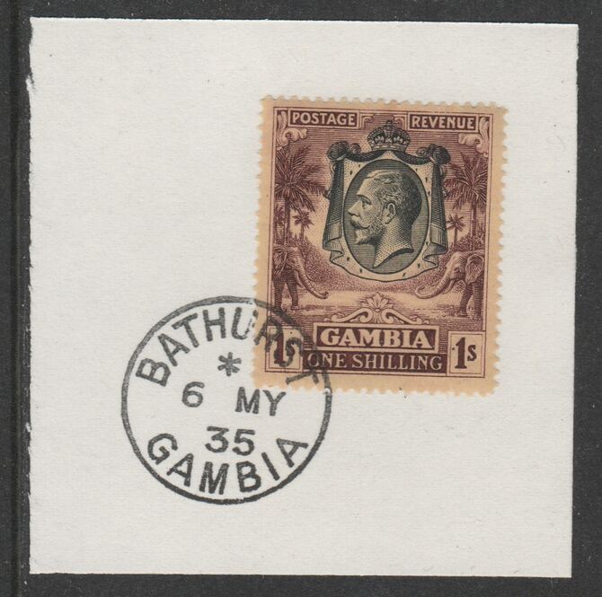 Gambia 1922-29 KG5 Elephant & Palms 1s (SG134) on piece with full strike of Madame Joseph forged postmark type 172, stamps on elephants, stamps on  kg5 , stamps on trees