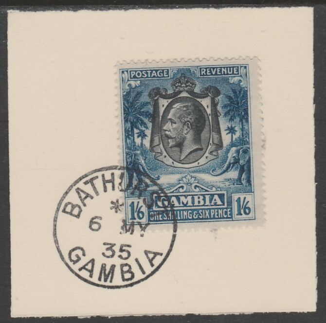Gambia 1922-29 KG5 Elephant & Palms 1s6d (SG135) on piece with full strike of Madame Joseph forged postmark type 172, stamps on elephants, stamps on  kg5 , stamps on trees