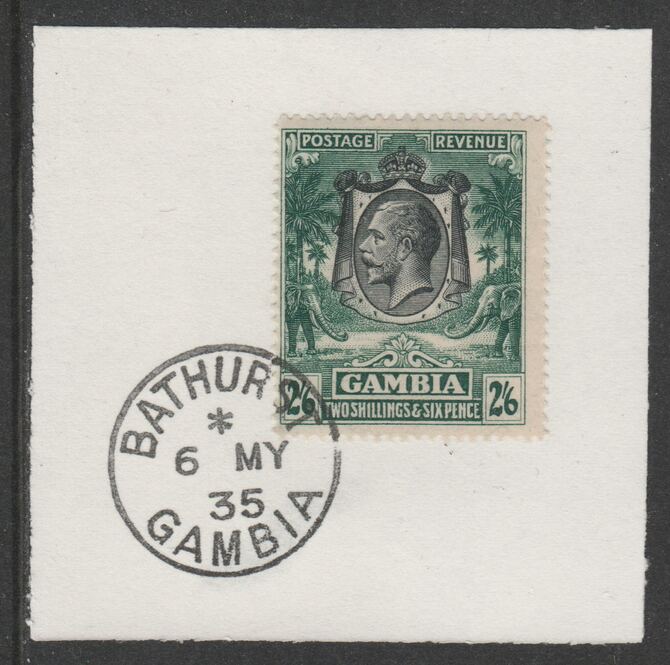 Gambia 1922-29 KG5 Elephant & Palms 2s6d (SG137) on piece with full strike of Madame Joseph forged postmark type 172, stamps on elephants, stamps on  kg5 , stamps on trees