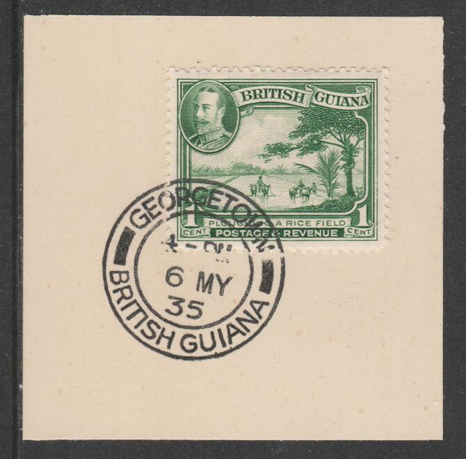 British Guiana 1934-51 KG5 Pictorial 1c emerald (SG288) on piece with full strike of Madame Joseph forged postmark type 69, stamps on , stamps on  stamps on , stamps on  stamps on  kg5 , stamps on  stamps on ploughing, stamps on  stamps on  rice