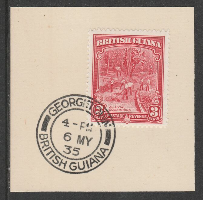 British Guiana 1934-51 KG5 Pictorial 3c scarlet (SG290) on piece with full strike of Madame Joseph forged postmark type 69, stamps on , stamps on  stamps on , stamps on  stamps on  kg5 , stamps on  stamps on gold, stamps on  stamps on mining