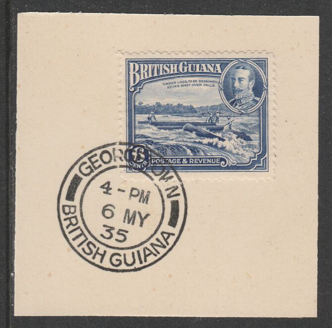 British Guiana 1934-511 KG5 Pictorial 6c ultramarine (SG292) on piece with full strike of Madame Joseph forged postmark type 69