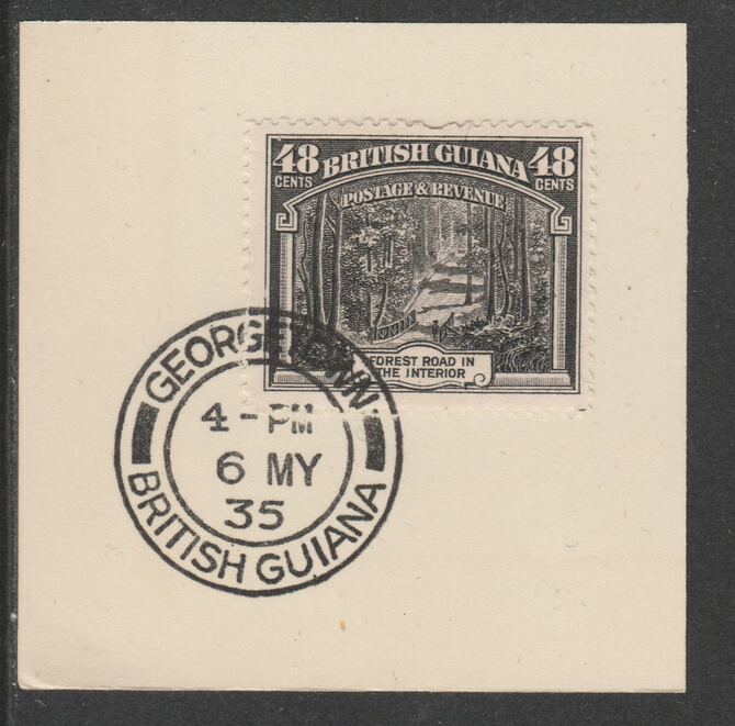 British Guiana 1934-511 KG5 Pictorial 48c black (SG295) on piece with full strike of Madame Joseph forged postmark type 69, stamps on , stamps on  kg5 , stamps on trees