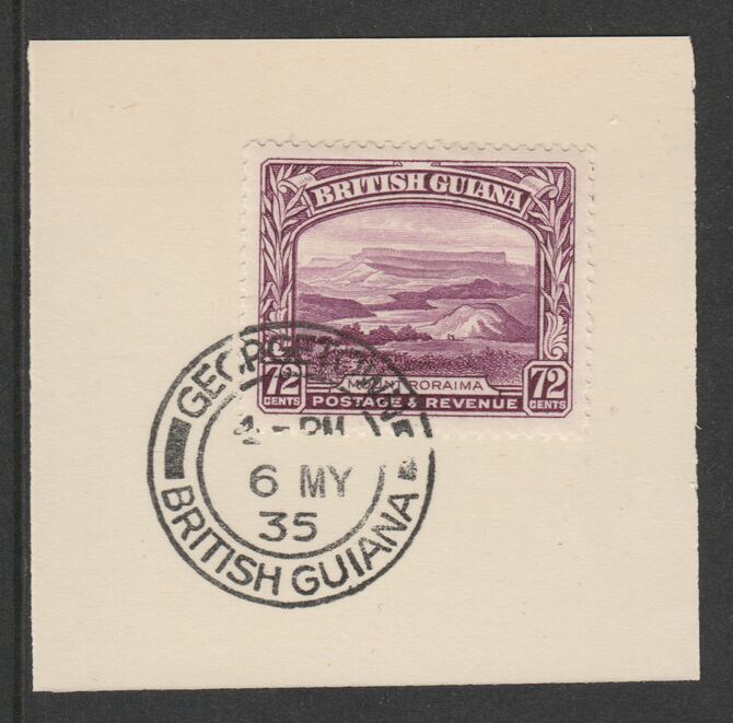 British Guiana 1934-511 KG5 Pictorial 72c purple (SG298) on piece with full strike of Madame Joseph forged postmark type 69, stamps on , stamps on  stamps on , stamps on  stamps on  kg5 , stamps on  stamps on mountains