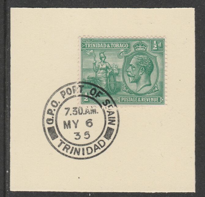 Trinidad & Tobago 1922-28 KG5  & Britannia 1/2d (SG218) on piece with full strike of Madame Joseph forged postmark type 421, stamps on , stamps on  stamps on , stamps on  stamps on  kg5 , stamps on  stamps on britannia