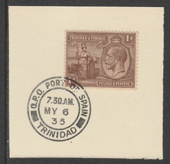 Trinidad & Tobago 1922-28 KG5  & Britannia 1d (SG219) on piece with full strike of Madame Joseph forged postmark type 421, stamps on , stamps on  stamps on , stamps on  stamps on  kg5 , stamps on  stamps on britannia