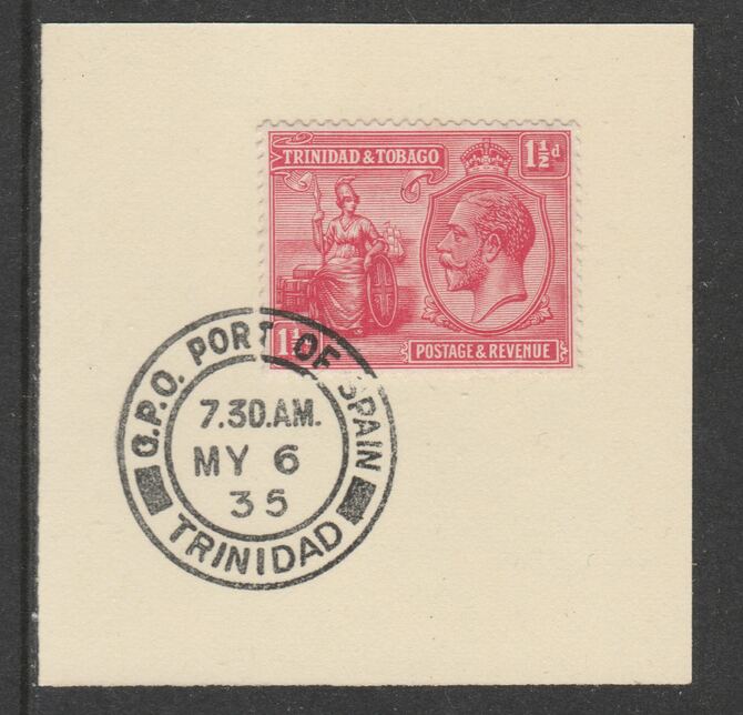 Trinidad & Tobago 1922-28 KG5  & Britannia 1.5d (SG220) on piece with full strike of Madame Joseph forged postmark type 421, stamps on , stamps on  stamps on , stamps on  stamps on  kg5 , stamps on  stamps on britannia