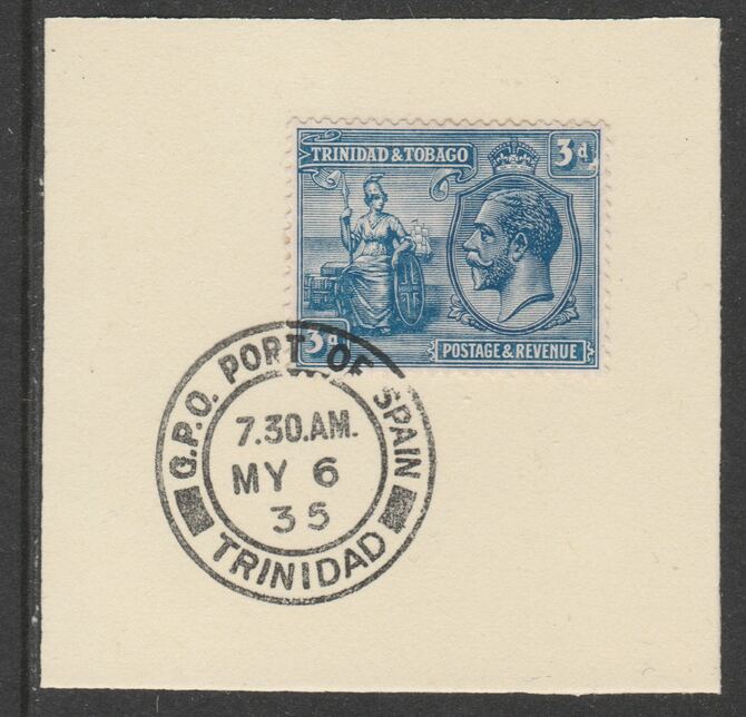 Trinidad & Tobago 1922-28 KG5  & Britannia 3d (SG223) on piece with full strike of Madame Joseph forged postmark type 421, stamps on , stamps on  stamps on , stamps on  stamps on  kg5 , stamps on  stamps on britannia