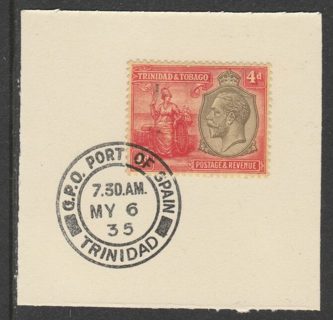 Trinidad & Tobago 1922-28 KG5  & Britannia 4d Script (SG224) on piece with full strike of Madame Joseph forged postmark type 421, stamps on , stamps on  stamps on , stamps on  stamps on  kg5 , stamps on  stamps on britannia