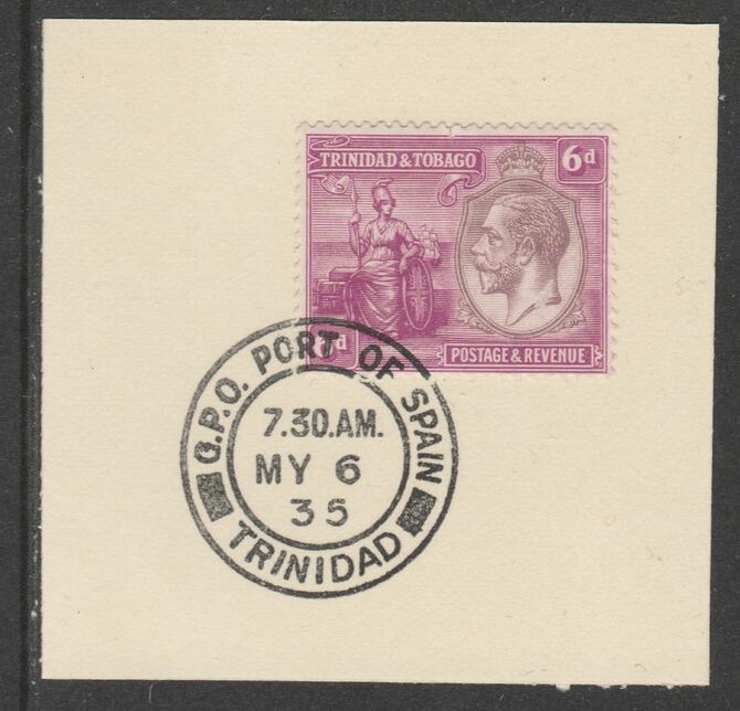 Trinidad & Tobago 1922-28 KG5  & Britannia 6d purple & magenta (SG225) on piece with full strike of Madame Joseph forged postmark type 421, stamps on , stamps on  stamps on , stamps on  stamps on  kg5 , stamps on  stamps on britannia