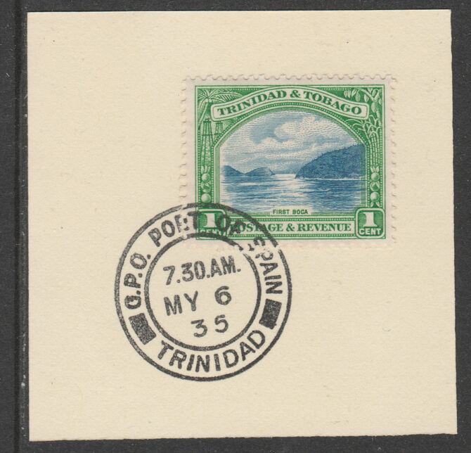 Trinidad & Tobago 1935-37 KG5  Pictorial 1c (SG230) on piece with full strike of Madame Joseph forged postmark type 421