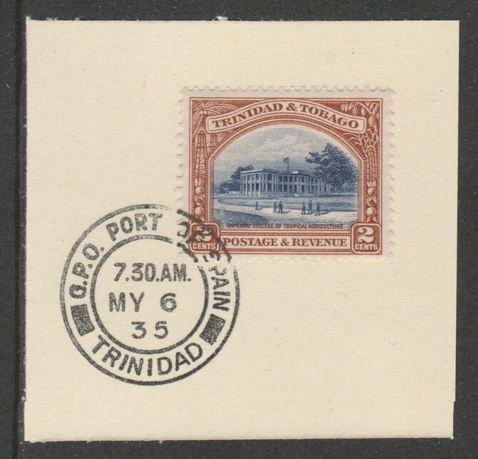 Trinidad & Tobago 1935-37 KG5  Pictorial 2c (SG231) on piece with full strike of Madame Joseph forged postmark type 421