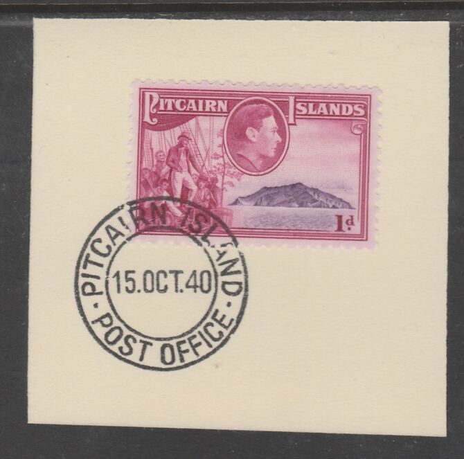 Pitcairn Islands 1940-51 KG6 Pictorial 1d (SG 2) on piece with full strike of Madame Joseph forged postmark type 323, stamps on , stamps on  stamps on , stamps on  stamps on  kg6 , stamps on  stamps on 