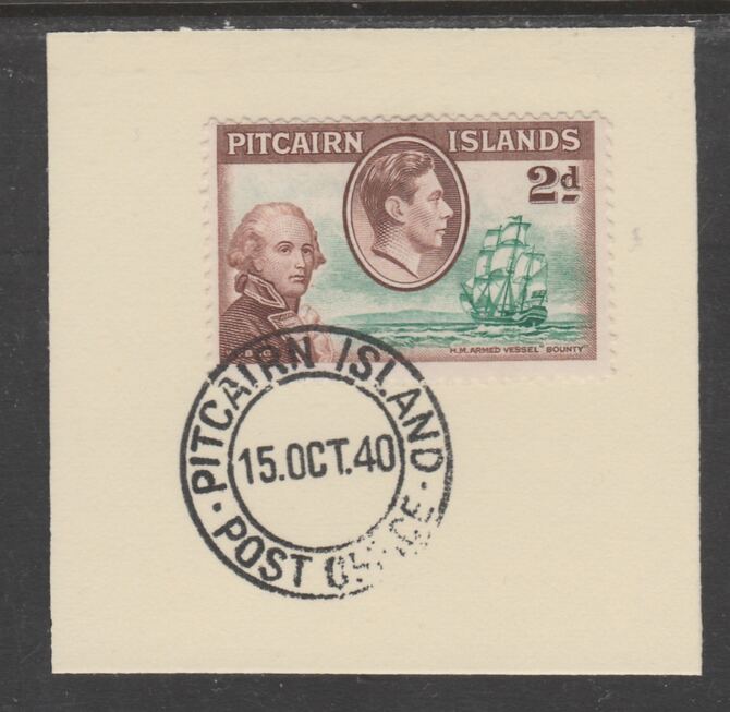 Pitcairn Islands 1940-51 KG6 Pictorial 2d (SG 4) on piece with full strike of Madame Joseph forged postmark type 323, stamps on , stamps on  stamps on , stamps on  stamps on  kg6 , stamps on  stamps on 