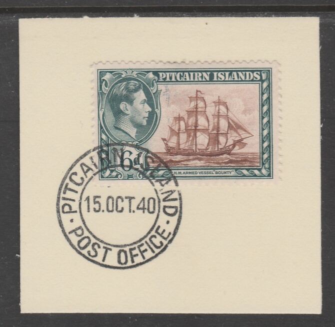 Pitcairn Islands 1940-51 KG6 Pictorial 6d (SG 6) on piece with full strike of Madame Joseph forged postmark type 323, stamps on , stamps on  stamps on , stamps on  stamps on  kg6 , stamps on  stamps on 