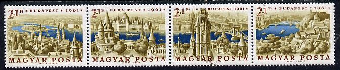 Hungary 1961 Stamp Day & Budapest Stamp Exhibition se-tenant perf strip of 4, Mi 1789-92, stamps on tourism, stamps on stamp exhibitions