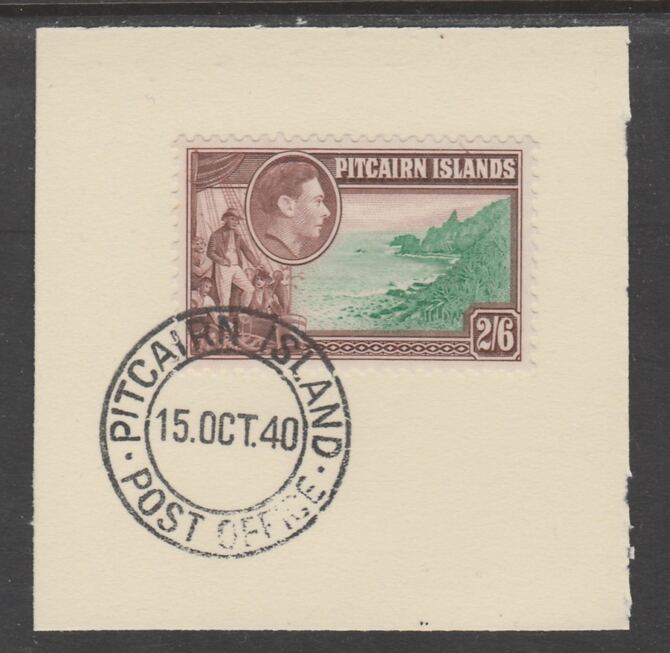 Pitcairn Islands 1940-51 KG6 Pictorial 2s6d (SG 8) on piece with full strike of Madame Joseph forged postmark type 323, stamps on , stamps on  stamps on , stamps on  stamps on  kg6 , stamps on  stamps on 