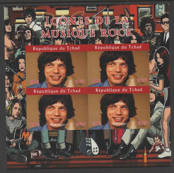 Chad 2020 Rock Music Icons of the Twentieth Century - Mick Jagger imperf sheetlet containing 4 values unmounted mint. , stamps on music, stamps on rock, stamps on pops, stamps on stones