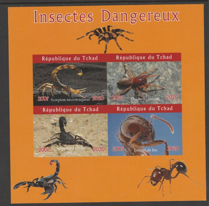 Chad 2020 Dangerous Insects imperf sheetlet containing 4 values unmounted mint. , stamps on , stamps on  stamps on insects
