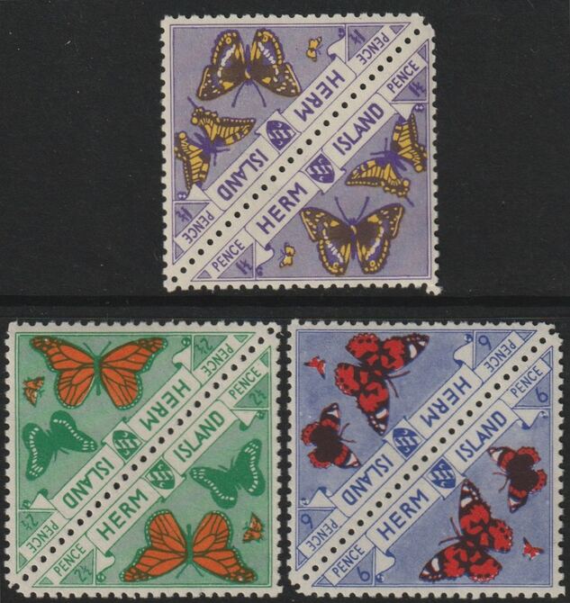 Herm Island 1954 - the three BUTTERFLY triangular stamps from Flora & Fauna set, each in tete-beche pairs unmounted mint (6 stamps), stamps on butterflies, stamps on triangulars